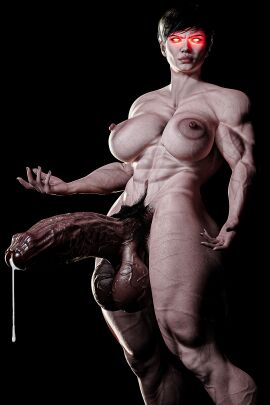 1futa 3d 3d_(artwork) black_background black_hair bodybuilder commission female futa_pubic_hair futanari glowing_eyes hyper_veins ladyabysso large_balls large_penis looking_at_viewer muscles muscular muscular_futa penis precum precum_drip pubic_hair red_eyes short_hair simple_background solo solo_female treasure_trail veiny_balls veiny_breasts veiny_penis