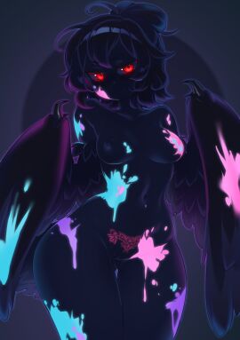 absurdres black_background breasts claws commentary commission english_commentary feathered_wings female glow-in-the-dark glowing glowing_eyes grin hair_up harpy highres looking_at_viewer medium_breasts monster_girl navel niniidawns nipples nude original paint_on_body pubic_tattoo pussy red_eyes second-party_source short_hair smile solo tattoo two-tone_background uncensored wide_hips winged_arms wings