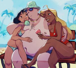 1boy 2girls beach disney fat_male female hygienic_cat lifeguard lifeguard_(lilo_and_stitch) lilo_and_stitch male multiple_females multiple_girls nani_pelekai obese obese_male overweight overweight_male sunglasses swimsuit worship