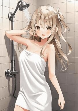 ai_assisted ai_generated animated areolae arms_up bare_shoulders bathroom blush breasts brown_eyes brown_hair character_request cleavage collarbone covering_breasts covering_own_breasts hair_ribbon indoors long_hair looking_at_viewer medium_breasts naked_towel navel nipples nude one_side_up pulling_down showering slim_waist solo standing sweat thighs third-party_edit towel towel_around_waist towel_pull weri