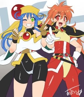 1990s_(style) 2girls :d ;d android bandana bare_shoulders belt bike_shorts blue_hair blush breasts brown_gloves cape clenched_hand clenched_teeth crossover cute_fang earrings female female_focus gem gloves gradient_background green_eyes hand_on_own_hip happy headband human jewelry light-skinned_female light_skin lime_(saber_j) lina_inverse long_hair looking_at_viewer multiple_females multiple_girls obui oerba_yun_fang one_eye_closed open_mouth orange_eyes orange_hair panties_over_bodysuit pants peace_sign pointing red_eyes red_gemstone retro_artstyle saber_marionette_j shorts slayers smile standing teeth thong v v_sign voice_actor_connection white_gloves wide_hips wink