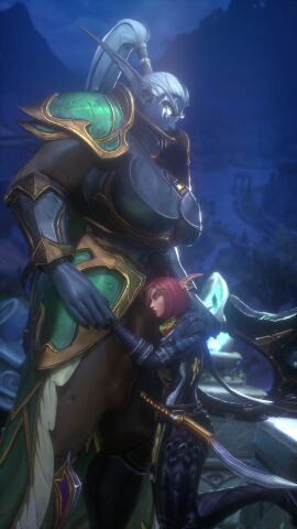 1futa 1girls 3d blood_elf bulge bulge_in_face bulge_through_clothing female futanari intersex kerebrien night_elf reey_art size_difference world_of_warcraft