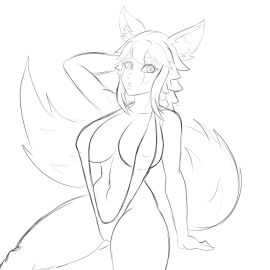 1girls animal_ears animal_tail big_breasts bikini black_and_white breasts female female_only fox_ears fox_girl fox_tail io_(paladins) kemonomimi paladins rebuffedtax614 sitting sketch solo thick_thighs voluptuous voluptuous_female