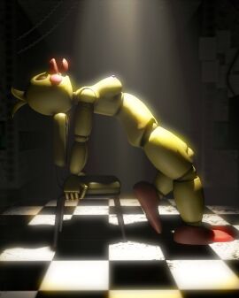 3d 4k animatronic bird bird_girl bright_light chair chair_pose checkered_floor closed_eyes disboi215 female five_nights_at_freddy's five_nights_at_freddy's_2 flashdance fnaf hands_on_chair highres humanoid leaning_back naked naked_female nude nude_female orange_beak orange_feet pink_cheeks pink_nipples robot rosy_cheeks sexy_pose sfm shiny_body solo solo_female source_filmmaker spotlight toy_chica_(fnaf) yellow_body