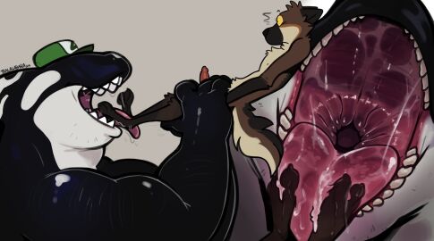 animal_genitalia animal_penis anthro bara black_body cetacean dolphin duo erection feet_first fin genitals haps hi_res imminent_vore lucas_(lucastheshep) male male/male mammal marine mouth_shot muscular muscular_anthro muscular_male nipples oceanic_dolphin open_mouth orca penis simple_background tail teeth toothed_whale white_body yaoi