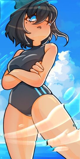 arms_crossed bangs beauty_mark black_hair blue_eyes breasts chin_length_hair crossed_arms eyelashes fair-skinned_female fair_skin female hair lego leotard lips mole mole_under_eye ninja ninja_girl ninjago nya_(ninjago) ocean one-piece_swimsuit seabound_(ninjago) swimsuit thighs water