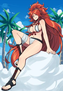 absurdres aneurysm.ax arm_support axiyo baiken bikini black_footwear breasts cleavage commission feet female guilty_gear highres knee_up large_breasts legs long_hair micro_bikini navel one_eye_closed red_eyes red_hair sandals scar scar_across_eye sitting solo swimsuit toenails toes very_long_hair white_bikini