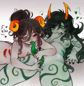 1futa 1girls alien alien_genitalia black-haired_female black_hair body_markings colored_skin cupidity damara_megido dancestor fellatio female futa_on_female futa_sans_balls futanari grey_skin hair_tie heart homestuck homestuck_troll horn horns intersex kissing_penis long-haired_female long_hair oral penis porrim_maryam sex tattoo tattoos tentabulge tentacle_penis troll yuri