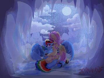 anthro blue_body blue_fur blush cave cloud cutie_mark digital_media_(artwork) digital_painting_(artwork) dripping duo equid equine female female/female fluttershy_(mlp) foggy_background friendship_is_magic fur glowing hair hand_holding hand_on_back hand_on_head hasbro hi_res hooves horse just_dryvern kissing kneeling light mammal moon moonlight multicolored_hair my_little_pony mythological_creature mythological_equine mythology night on_lap painting_(artwork) pegasus pink_hair pony puddle rainbow_dash_(mlp) rainbow_hair raining tongue water wings yellow_body yellow_fur