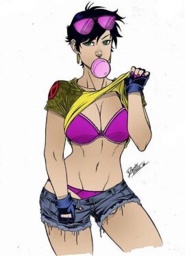 1girls blowing_bubblegum breasts bubble_gum clothed daniele_torres eyewear_on_head female female_only jubilation_lee jubilee large_breasts lifting_shirt marvel marvel_comics posing posing_for_the_viewer pulling_down_pants short_shorts shorts solo x-men