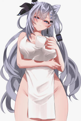 apron apron_only hololive hololive_indonesia hololive_indonesia_holoh3ro jo_mizumi long_hair looking_at_viewer naked_apron silver_hair vestia_zeta virtual_youtuber
