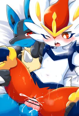 1boy ai_generated censored censored_penis cinderace cum cum_in_pussy cum_inside female furairy_mask furry lucario male male/female pokemon pokemon_(species) pussy sex