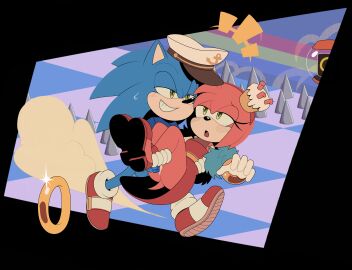 amy_rose apinkgrape ass blush bodily_fluids bottomless clothed clothing erection eulipotyphlan female genital_fluids genitals hat headgear headwear hedgehog hi_res item_box male mammal open_mouth penetration penis pussy pussy_juice ring ring_box rings running sega smile sonic_(series) sonic_the_hedgehog sonic_the_hedgehog_(series) style_parody the_murder_of_sonic_the_hedgehog