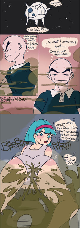 1boy 1girls blue_hair bulma bulma_(dragon_ball) bulma_briefs bulma_briefs_(frieza_saga) dragon_ball dragon_ball_z fart fart_fetish farting female fetish krillin kuririn male underwear vinylsplash