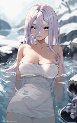 1girls 2d 2d_(artwork) big_breasts blue_eyes breasts date_a_live female grey_hair light-skinned_female light_skin long_hair looking_at_viewer onsen solo solo_female takamiya_mio thermal_waters thighs towel towel_only