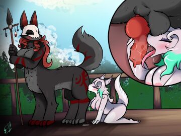 animal_genitalia animal_penis anthro areola balls big_breasts black_body black_nose blush bodily_fluids breasts canid canid_taur canine canine_genitalia canine_penis canine_taur canis claws closed_eyes cloud deidra_stormpaw digital_media_(artwork) dragon duo e-01 erection fellatio female fur futa/female futa_penetrating futanari genital_fluids genitals hair hi_res horn intersex intersex/female intersex_penetrating knot mammal mammal_taur mask multicolored_body mythological_creature mythological_scalie mythology nipples nude oral outside penetration penile penis red_hair scalie sex simple_background size_difference sky tail taur tongue tongue_out white_body wolf wolf_taur