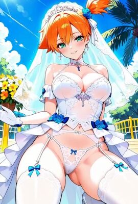 ai_generated armpits asymmetrical_hair breasts bride cameltoe cleavage clothing cosplay dress female flower game_freak gen_1_pokemon green_eyes gym_leader hair_flower hair_ornament huge_breasts jewelry kasumi_(pokemon) large_breasts legs leotard navel nintendo nipples orange_hair pokemon pokemon_(anime) pokemon_(classic_anime) pokemon_(game) pokemon_rgby ponytail short_hair side_ponytail simple_background solo spiky_hair tagme thick_thighs thighs tied_hair video wedding_dress wedding_lingerie white_leotard