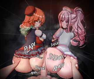 1boy 2girls alternate_double_buttjob ass ass_grab assjob bangs black_panties blush breasts buttjob covered_assjob covered_buttjob deep_skin double_buttjob earrings erection feather_earrings female ffm_threesome from_behind g-string gradient_hair green_hair grin hat heart heart-shaped_pupils hololive hololive_english hololive_myth huge_ass large_breasts long_hair looking_at_viewer looking_back male medium_breasts mori_calliope motion_lines multicolored_hair multiple_females multiple_girls nurse nurse_cap orange_hair panties penis pink_eyes pink_hair plap plap_(sound) ponytail pov precum purple_eyes red_eyes shiny shiny_skin skirt smile steaming_body straight symbol-shaped_pupils takanashi_kiara text thong uncensored underwear virtual_youtuber xelsword