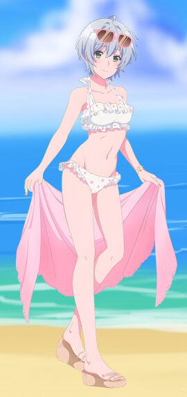 1girls bare_shoulders beach bikini breasts female full_body green_eyes jaku-chara_tomozaki-kun kikuchi_fuuka looking_at_viewer medium_breasts short_hair silver_hair standing sunglasses sunglasses_on_head towel white_bikini