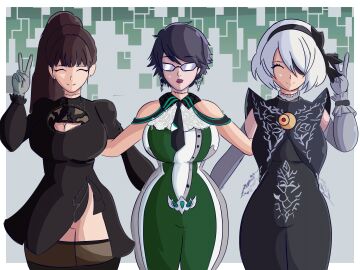 3girls bayonetta bayonetta_(character) bayonetta_2 big_breasts black-haired_female black_hair bodysuit breasts brown-haired_female brown_hair cleavage clothed clothed_female clothes_swap clothing costume_switch crossover eve_(stellar_blade) female female_only fully_clothed fully_clothed_female glasses green_bodysuit head_swap headswap hi_res highres hourglass_figure huge_breasts large_breasts light-skinned_female light_skin lineup long-haired_female long_hair looking_at_viewer multiple_females multiple_girls nier:_automata nier_(series) outfit_swap peace_sign ponytail sega short-haired_female short_hair simple_background stellar_blade swapperj333 trait_connection white-haired_female white_hair wide_hips yorha_2b