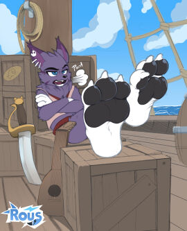 1boy 2024 3_toes anthro ass barrel big_feet billie_bust_up black_nose black_pawpads black_paws blue_eyes blue_sky boat bodily_fluids bone bottomless bottomless_anthro bottomless_male breath chest_tuft claws clothed clothing cloud crate crossed_arms crossed_legs domestic_cat ear_piercing english_text eyebrows facial_markings fangs feet feet_up felid feline felis fishbone foot_fetish foot_focus fur fur_markings glistening glistening_eyes glistening_nose glistening_pawpads guitar head_markings hi_res long_ears male male_only mammal markings melee_weapon mostly_nude multicolored_body multicolored_ears multicolored_fur musical_instrument open_mouth outside panting pawpads paws piercing pink_tongue pirate plucked_string_instrument pupils purple_body purple_ears purple_fur raised_eyebrow rope rous_fox_(artist) scrimshaw scrimshaw_(billie_bust_up) sea shadow sharp_teeth ship shirt sigh signature sitting skeleton skull sky slit_pupils soles solo string_instrument sweat sword teeth text toe_claws toes tongue toony topwear tuft two-tone_ears vehicle water watercraft wave weapon white_body white_fur wood