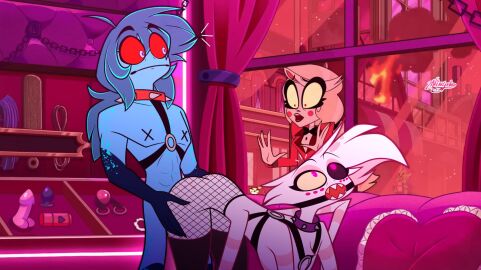 angel_dust_(hazbin_hotel) averio charlie_morningstar_(hazbin_hotel) complex_background hazbin_hotel implied_penetration oc original_character screenshot_edit sex_toy tagme