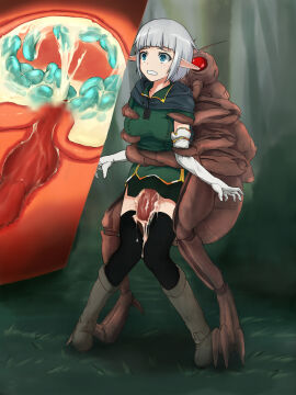 1girls arm_grab black_legwear black_thighhighs blue_eyes blush boots brown_boots censored cervical_penetration cervix clothed_sex clothing cross_section cum cum_in_pussy cum_in_uterus cum_inside egg_implantation elbow_gloves elf female from_behind fucked_by_bug gloves green_skirt impregnation insectophilia insects interspecies interspecies_impregnation interspecies_pregnancy knees_together_feet_apart legs_together male monster original outdoors outside oviposition ovipositor penetration penis pointy_ears pussy restrained shirt short_hair skirt skirt_lift standing thighhighs uterus vaginal_egg_implantation vaginal_penetration white_hair wide_eyed worried x-ray yakuto007