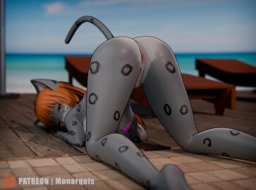 3d anthro ass bikini clothing digital_media_(artwork) felid female genitals hi_res mammal momo_(monarquis) monarquis pantherine pool pussy snow_leopard solo summer swimwear two-piece_swimsuit