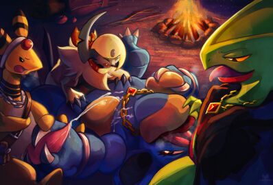 absol ampharos anthro anthro_on_anthro anthro_on_feral anthro_penetrated blue_body bodily_fluids breast_grab breasts campfire claws cum cumshot ejaculation elemental_creature fellatio female feral feral_penetrating feral_penetrating_anthro fire flora_fauna foursome gangbang generation_1_pokemon generation_2_pokemon generation_3_pokemon genital_fluids group group_sex hand_on_breast handjob hi_res jewelry kerchief male male/female neckerchief necklace nidoqueen night nintendo oral penetration penile penis plant pokemon pokemon_(species) sceptile sex tenebscuro tongue tongue_out yellow_body zoophilia