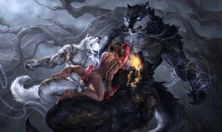 2024 absurd_res animal_genitalia animal_penis anthro ass balls beard big_penis biped black_body black_fur bodily_fluids brown_beard brown_facial_hair brown_hair canid canine canine_genitalia canine_penis canis cum cum_on_ass cum_on_back cum_on_butt digital_media_(artwork) erection european_mythology facial_hair fangs fenrir_(mythology) fur genital_fluids genitals glowing glowing_eyes grey_body grey_fur group group_sex hair handjob hati_(mythology) hi_res hot_dogging human human_on_anthro interspecies knot larger_anthro larger_male licking light_body light_skin male male/male male_anthro male_human male_on_anthro male_on_human mammal moon multicolored_body multicolored_fur mythology norse_mythology nude nude_anthro nude_human nude_male oral penile penis penis_lick red_penis s_anima sex sheath size_difference skoll_(mythology) smaller_anthro smaller_human smaller_male sun teeth tongue trio white_balls white_body white_fur white_sheath wolf