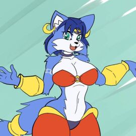 1girls big_breasts blue_fur breasts choker cleavage collarbone cosplay earrings fang female fox furry green_eyes huge_breasts krystal linea_alba mad_n_evil midriff open_mouth shantae_(cosplay) smile star_fox thick_thighs vambraces wide_hips