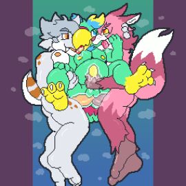 anthro avian bettyfox bird bodily_fluids canid canine cum dragon feet fox genital_fluids group hi_res kissing lube male male/male mammal mythological_creature mythological_scalie mythology nipples parakeet parrot paws scalie slightly_chubby slightly_chubby_male steam tongue tongue_out trio true_parrot
