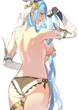 1girls alternate_costume arm_up ass azura_(fire_emblem) back back_focus back_view backboob bare_back bare_shoulders bare_thighs big_ass black_panties blue_hair breasts closed_mouth dancer detached_sleeves ear_piercing earrings elbow_gloves female female_only fingerless_gloves fire_emblem fire_emblem_fates fire_emblem_heroes from_behind gloves hair_between_eyes highres jewelry light_blue_hair long_hair looking_at_viewer looking_back medium_breasts nintendo nipples official_alternate_costume panties piercing see-through shoulders side-tie_panties sideboob signature simple_background smile solo thighs underwear veil very_long_hair white_background yellow_eyes yusi_vishnu