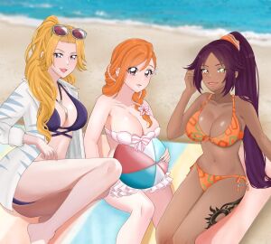 3girls ball_(object) beach beach_towel beachball big_breasts bikini bleach bleach:_brave_souls blonde_hair blue_eyes breasts cleavage collarbone female female_only highres inoue_orihime large_breasts leg_tattoo long_hair matsumoto_rangiku multiple_females multiple_girls navel ocean official_alternate_costume orange_hair ponytail purple_hair shihouin_yoruichi sunglasses sunglasses_on_head swimsuit tattoo towel water