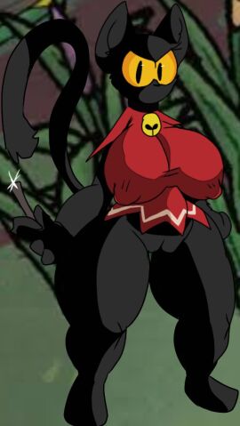 anthro big_breasts black_body black_eyes breasts clothing cult_of_the_lamb domestic_cat felid feline felis female genitals google google_doodle magic_cat_academy magic_wand mammal massive_monster_(studio) momo_(google) mouthless shirt solo topwear tunic vulva wand wannapossums