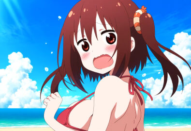 beach blush breasts brown_eyes brown_hair clothing ebina_nana female himouto!_umaru-chan large_breasts looking_at_viewer looking_back ocean outside red_bikini red_swimsuit short_hair sideboob sky solo strap_gap swimsuit twintails upper_body wavy_mouth