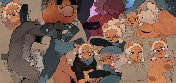 absurd_res anal anal_sex anthro anthro_on_anthro anthro_penetrated anthro_penetrating anthro_penetrating_anthro areola balls biped both_balls_in_mouth breasts canid canine canis domestic_dog erection eyewear female female_penetrated fur genitals glasses goon_(goonie_san) goonie-san grey_body grey_fur group hi_res male male/female male_penetrating male_penetrating_female mammal nipples penetration penile penile_penetration penis red_eyes sex tail trio vaginal vaginal_insertion vaginal_penetration vaginal_sex