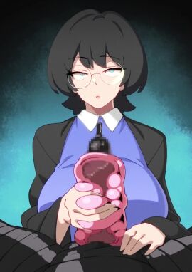 1boy 1girls animated black_hair blue_eyes buckethead_ero clothed cum cum_in_hand glasses handjob original shorter_than_one_minute tagme video