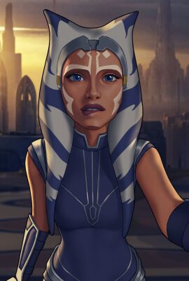 ahsoka_tano biting_lip blue_eyes clothed clothed_female female horny looking_at_viewer orange_body outstretched_arm star_wars togruta viiperart