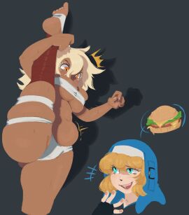 1boy 1girls blonde_hair breast_squeeze breasts brialzebubbie bridget burger chubby cyan_eyes dark-skinned_female dark_skin duo duo_focus female femboy girly guilty_gear guilty_gear_strive hoodie leg_lift light-skinned_male light_skin male orange_eyes ramlethal_valentine self_upload sp4gh3tt1_(artist) stretching tagme tummy white_panties