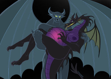 1boy anthro arms big_breasts breasts carrying chernabog convexpert crossover disney disney_villains dragon fantasia female hands legs male maleficent nipples pregnant sleeping_beauty_(1959_film) tail villain villainess wings