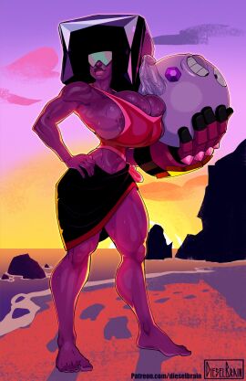 afro amethyst_(steven_universe) areolae areolae_slip ball_(object) barefoot beach breasts bursting_breasts cartoon_network dieselbrain female full_body futanari garnet_(steven_universe) gauntlets gem_(species) huge_breasts intersex lips muscular muscular_female penis precum sarong smile standing steven_universe sunglasses sunset thick_thighs tinted_eyewear undersized_clothes water wet