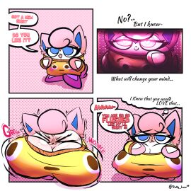 ball_with_boobs ball_with_hyper_features big_breasts blush breast_expansion breast_growth breast_growth_(enlargement) breasts comic comic_page dialogue dialogue_bubble expansion expansion_sequence female flushed_emoji flushed_emoji_shirt growth growth_sequence jigglypuff looking_at_viewer meme_attire pink_skin pokemon pokemon_(species) puffylover69 sylvia_(puffylover69) teasing teasing_viewer text tshirt waddling_head white_skin