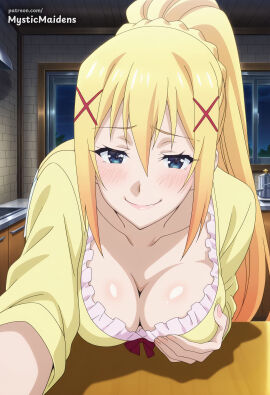 ai_generated anime anime_style blonde_hair blue_eyes blush braid breasts cleavage collarbone darkness_(konosuba) female grabbing_own_breast hair_between_eyes hair_ornament hentai hi_res indoors kono_subarashii_sekai_ni_shukufuku_wo! konosuba large_breasts long_hair looking_at_viewer mystic_maidens night patreon patreon_username ponytail shirt smile solo upper_body web_address window x_hair_ornament