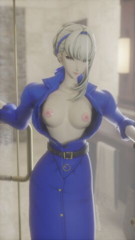 3d 3d_(artwork) 3d_background 3d_model 3d_render 8k atlus boobs_out breasts breasts_out eye_contact hi_res highres kazworksnsfw looking_at_viewer merope_(persona) persona_5:_the_phantom_x shower shower_sex showering