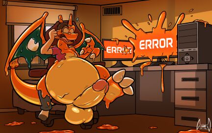 2022 3_toes absurd_res ambiguous_gender balls big_penis biped brown_hair chair charizard claws clothing computer detailed_background electronics english_text erection feet footwear furniture generation_1_pokemon genitals glans goo_transformation hair hi_res human human_to_feral humanoid_genitalia humanoid_penis latex latex_transformation liquid_latex mammal membrane_(anatomy) membranous_wings nintendo office office_chair on_chair orange_body orange_scales paint_drip penis pokemon pokemon_(species) pokemon_transformation scales sitting sitting_on_chair socks solo soul-silver-dragon species_transformation splash suprised_look tail text toe_claws toes toony transformation wings