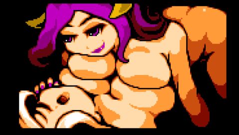 2girls animated breasts castle_in_the_clouds demon female female_only forced_yuri game_cg huge_breasts long_hair nude nude_female pixel_animation pixel_art purple_hair succubus white_hair yuri
