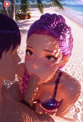 1boy, 1girl, ai_generated beach, bikini, breasts, brown_eyes, day, fellatio, fingerhotpepper hetero, jewelry, male_pubic_hair, ocean, oral, outdoors, palm_tree, penis, pool pubic_hair, saliva, solo_focus, swimsuit, tree, water,