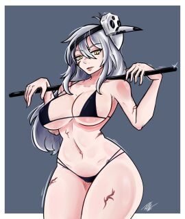 1girls 2025 big_breasts black_bikini black_nails black_panties breasts curvy curvy_figure el_diario_de_jonathan erika_sempare hourglass_figure long_hair mask petina petoart scars_all_over solo thick thick_legs thick_thighs thighs white_hair yellow_eyes