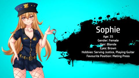 1girls blonde_hair brown_eyes character_sheet cuffs female female_only fishnets handcuffs peka_35 police police_hat police_officer police_uniform policewoman roxx_the_foxx skirt